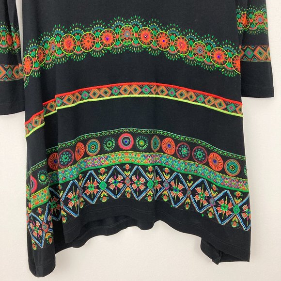 Desigual Aleia T-Shirt Size XS Tunic Top Black Multicolor Boho Ethnic Aztec - Picture 5 of 13